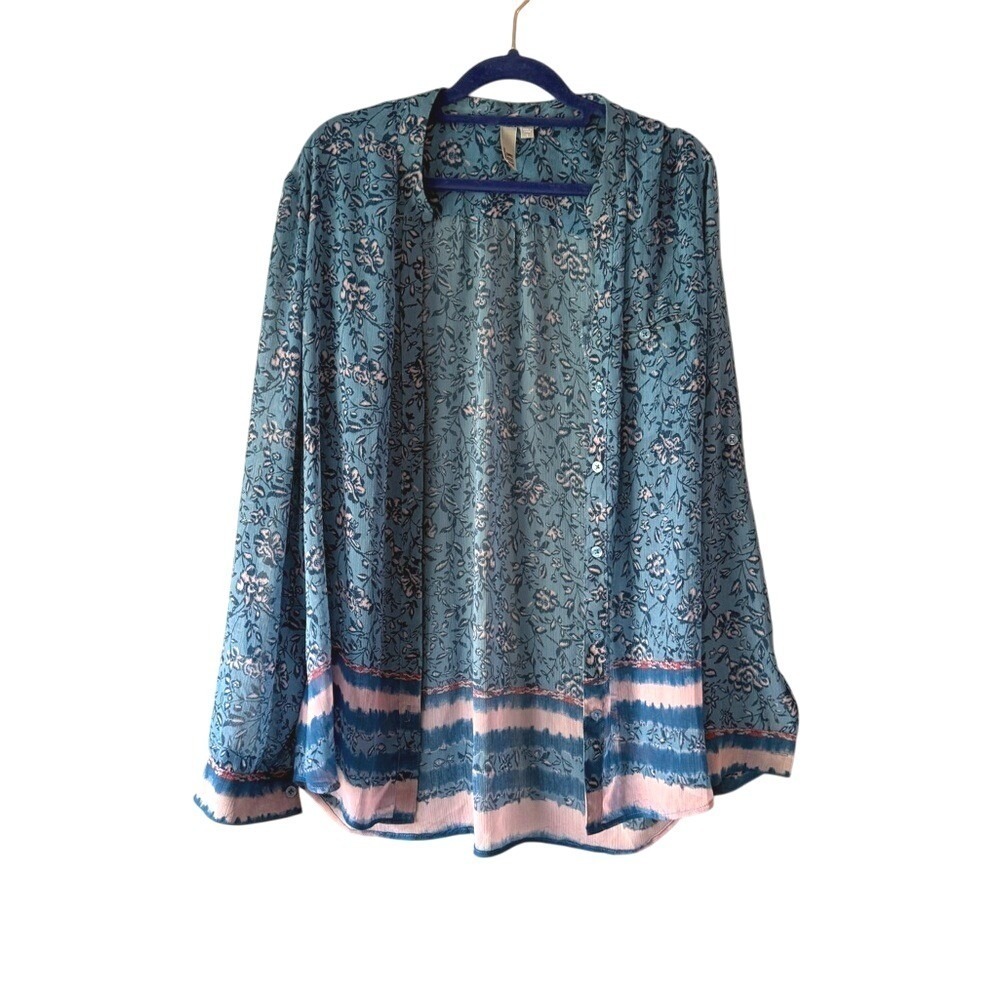 KUT from the Kloth Blue Floral Button Front Roll Tab Sleeve Blouse Top Size L